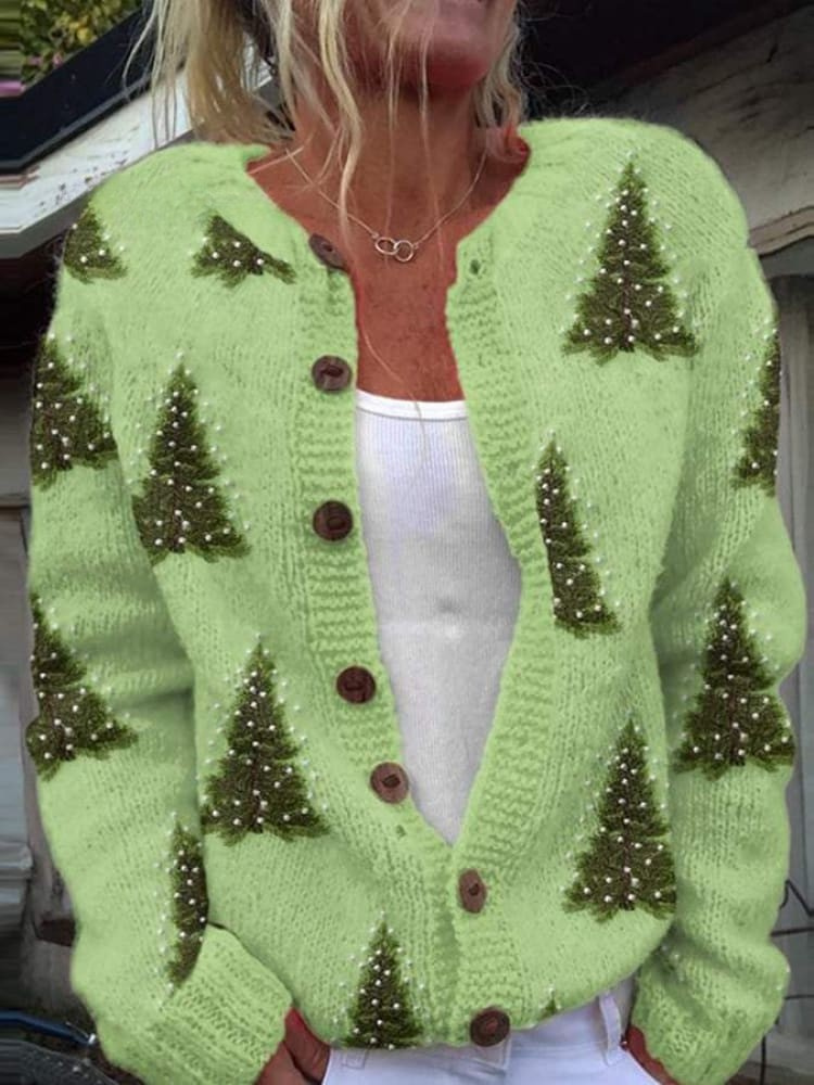 Noelle | Women's Lovely Christmas Tree Art Print Buttoned Cardigan Sweater
