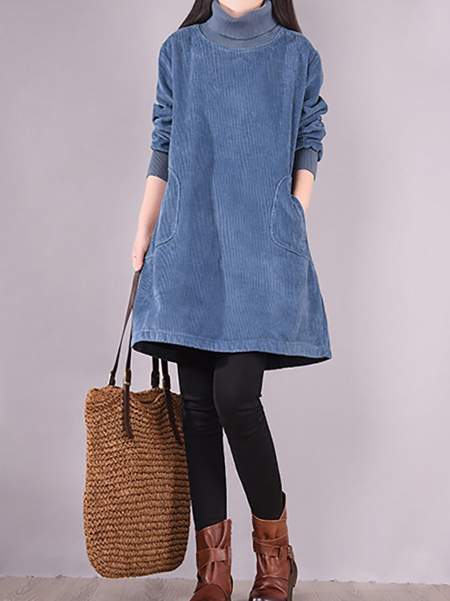 Plus Size Women's Solid Color Fleece-Lined Corduroy Dress