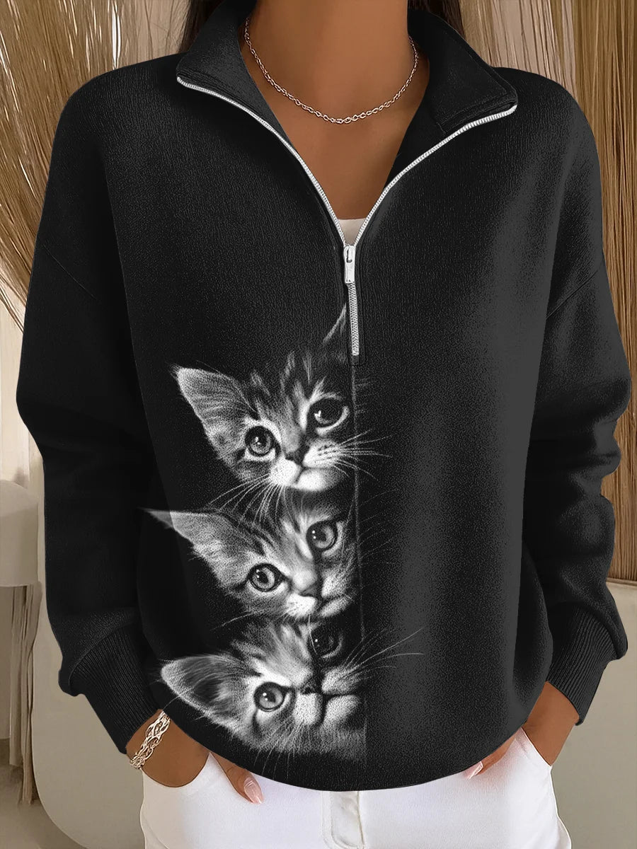 Cat Art Print Casual Zip-Up Sweatshirt