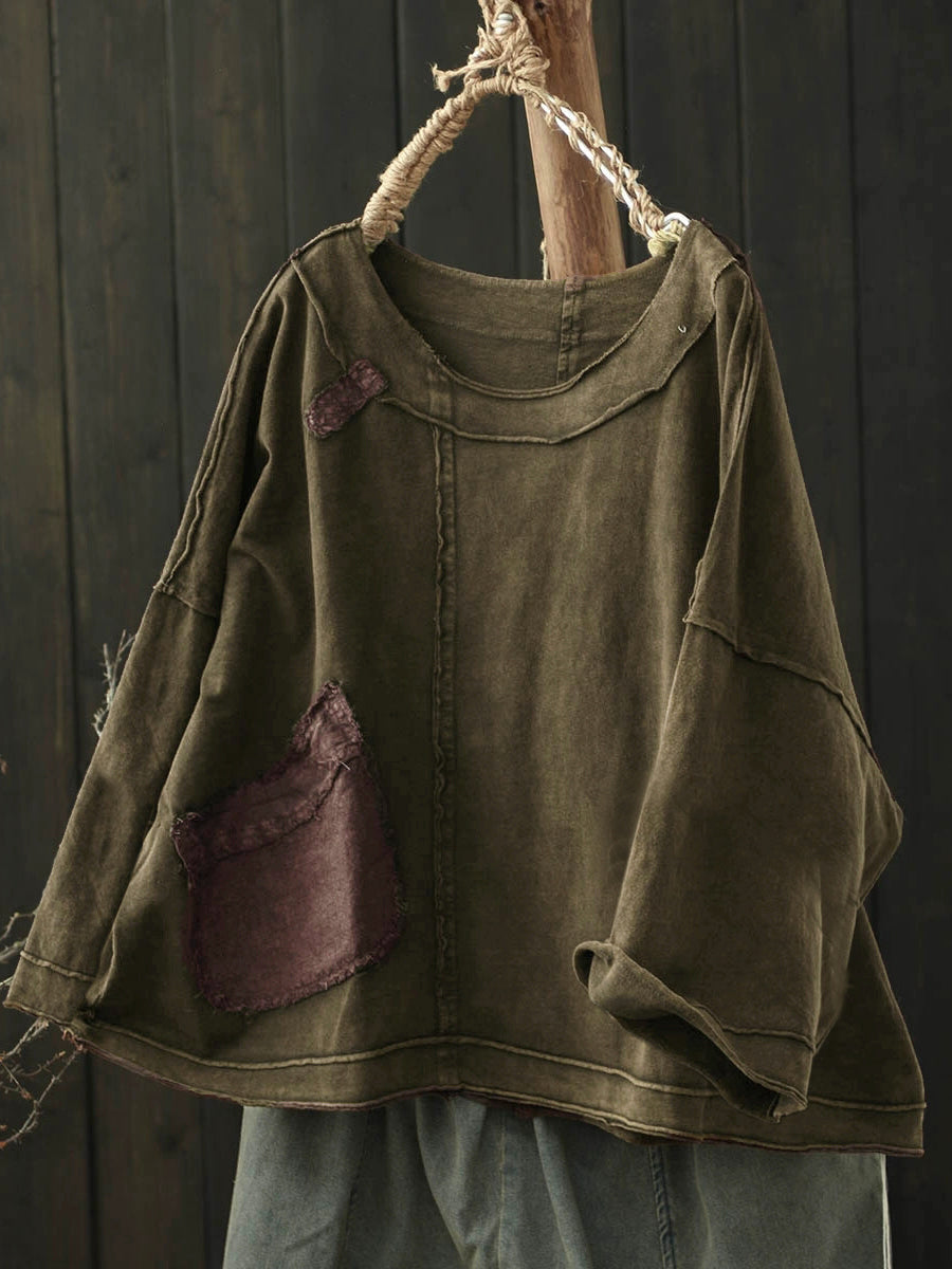 Women's Summer Retro Solid Color Cotton Split O-Neck Shirt