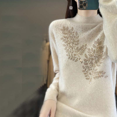 Knitted sweater with leaf pattern