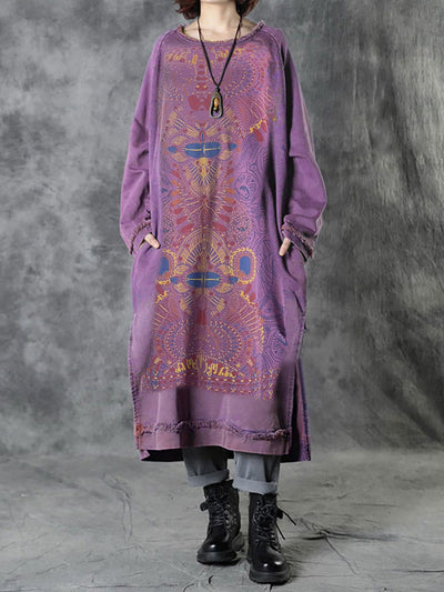 Women's Vintage Autumn Floral Button Linen Dress