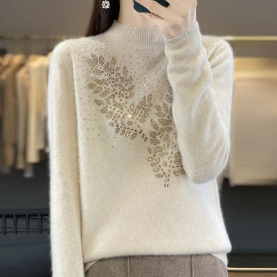 Knitted sweater with leaf pattern