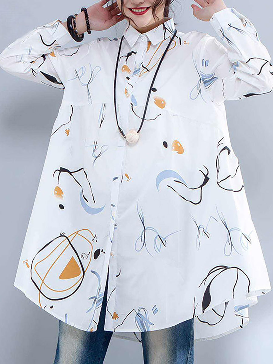 Plus Sizes - Polo Shirt with Single Row of Buttons and Print