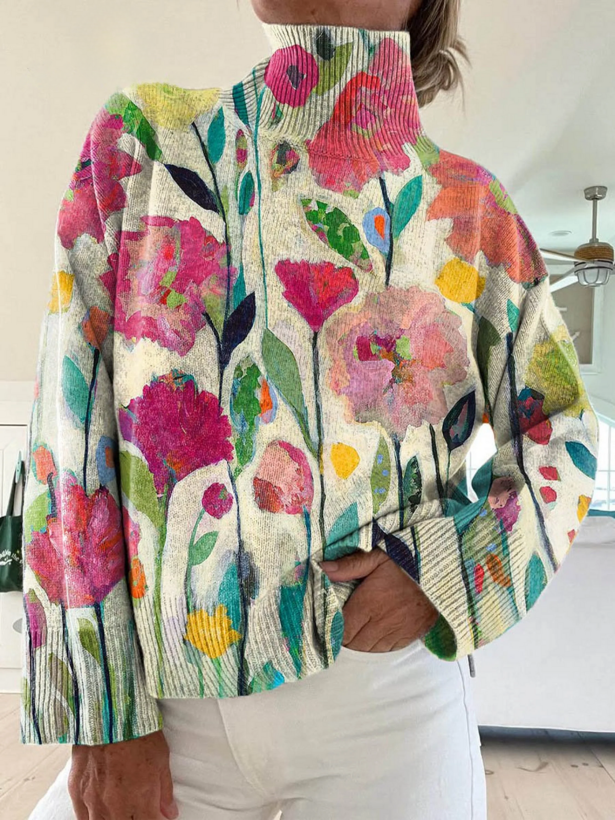 Elle | Vintage floral art print turtleneck sweater