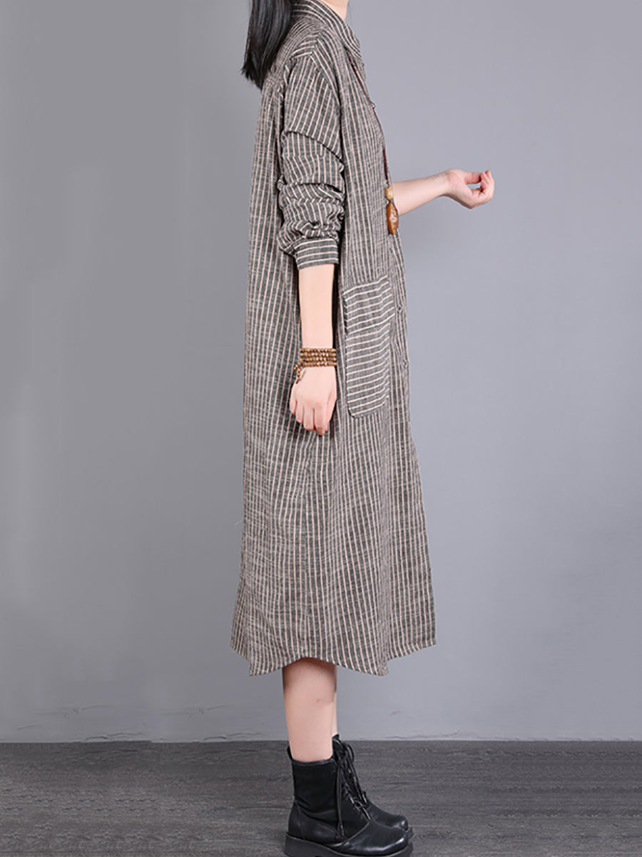 Women's Fall Dress with Wrap Collar and Striped Pattern Made of 100% Cotton