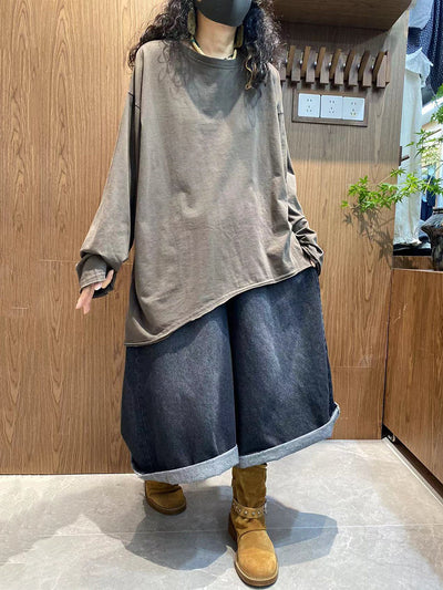 Women's Autumn Casual Solid Color 100% Cotton O-neck Shirt