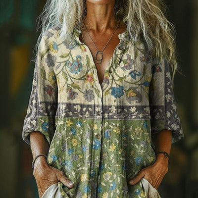 Long Sleeve Vintage Floral Printed Shirt
