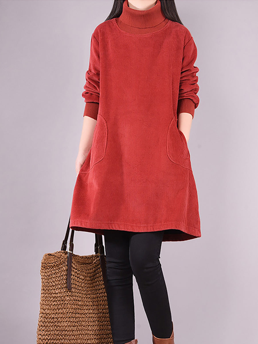Plus Size Women's Solid Color Fleece-Lined Corduroy Dress