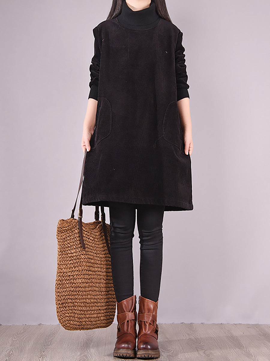 Plus Size Women's Solid Color Fleece-Lined Corduroy Dress