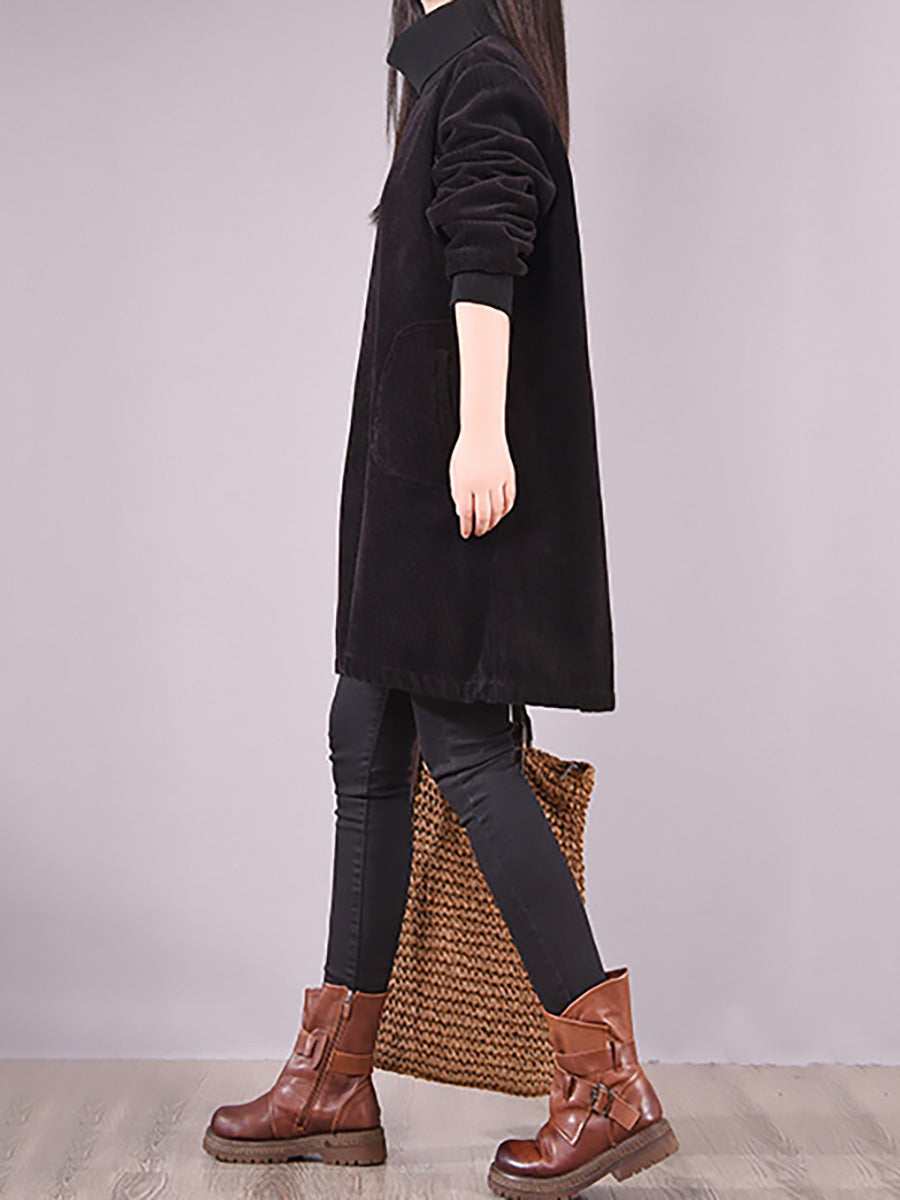 Plus Size Women's Solid Color Fleece-Lined Corduroy Dress