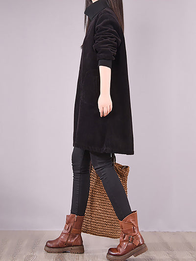 Plus Size Women's Solid Color Fleece-Lined Corduroy Dress