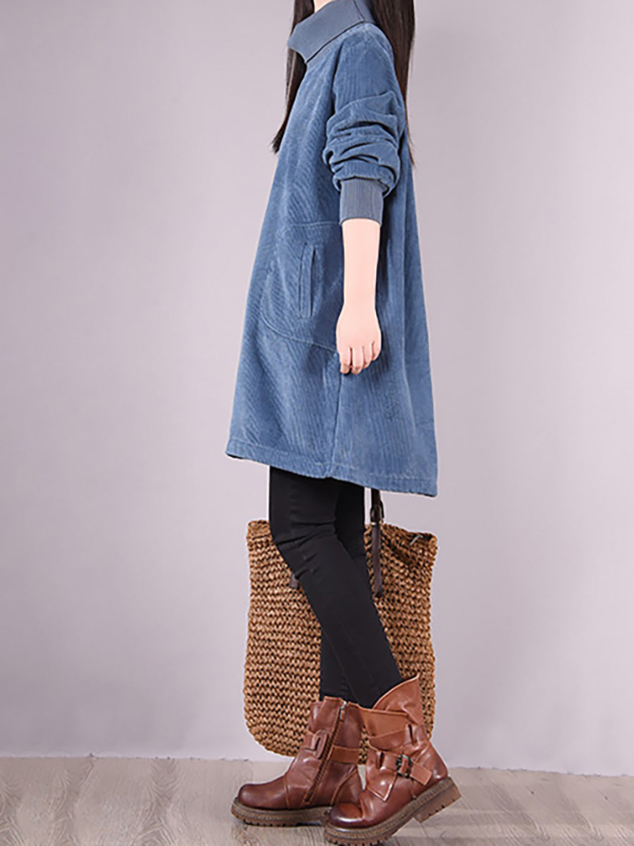 Plus Size Women's Solid Color Fleece-Lined Corduroy Dress