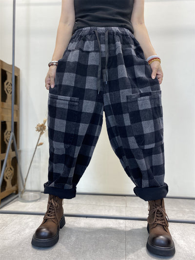 Plus Size Women's Retro Checkered Corduroy Loose Harem Pants