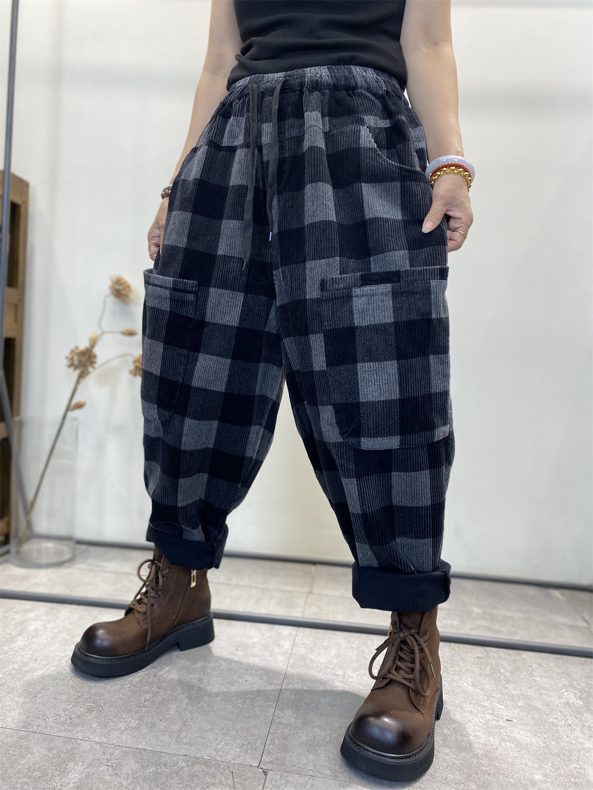 Plus Size Women's Retro Checkered Corduroy Loose Harem Pants