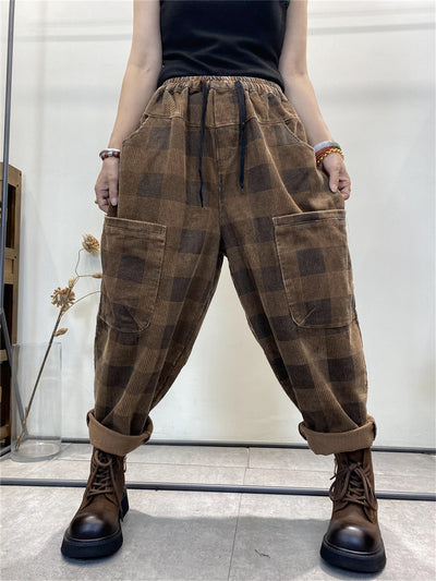 Plus Size Women's Retro Checkered Corduroy Loose Harem Pants