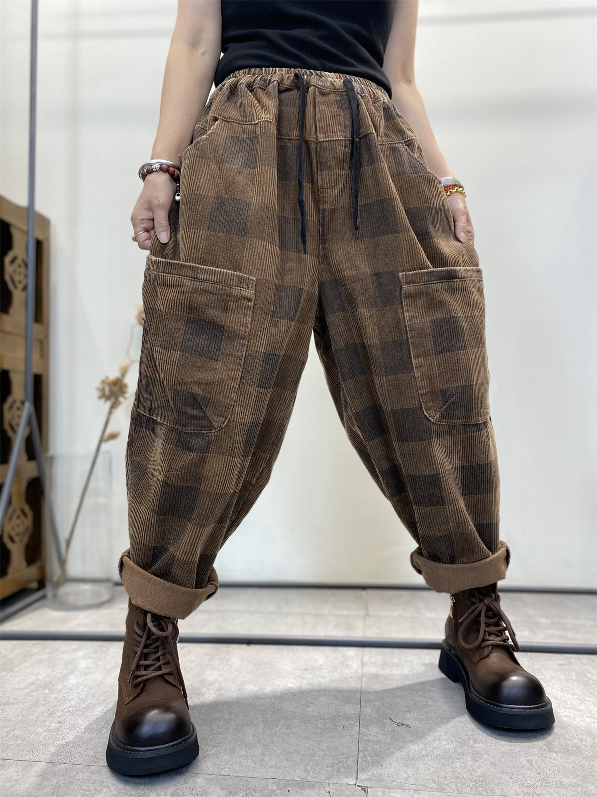 Plus Size Women's Retro Checkered Corduroy Loose Harem Pants