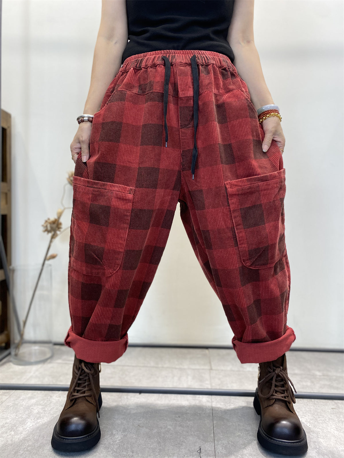 Plus Size Women's Retro Checkered Corduroy Loose Harem Pants