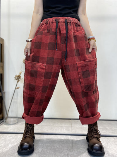 Plus Size Women's Retro Checkered Corduroy Loose Harem Pants
