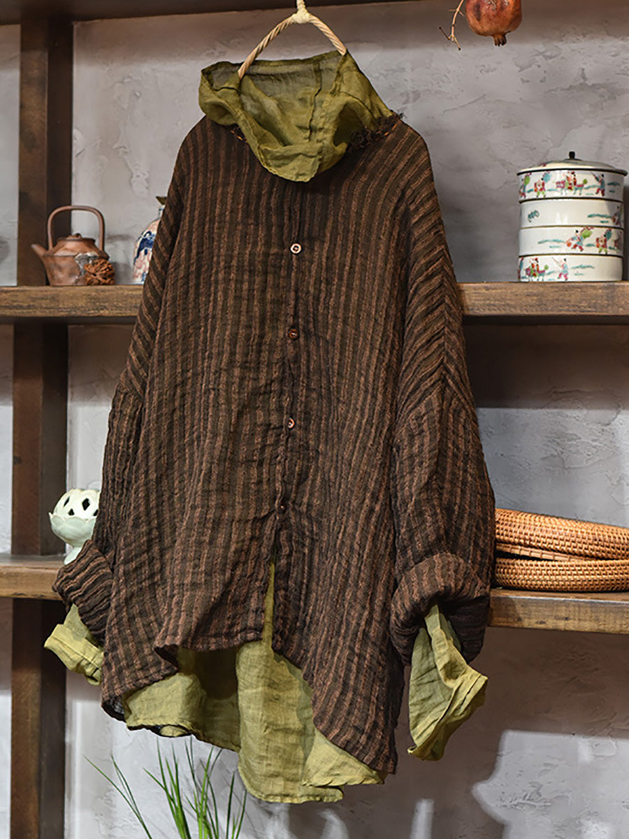 Women's Autumn Vintage Stripe Raw Edge Linen Shirt