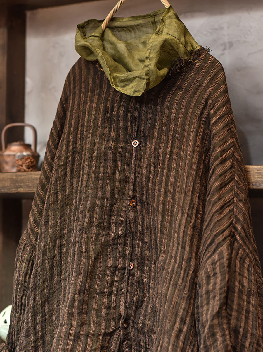 Women's Autumn Vintage Stripe Raw Edge Linen Shirt