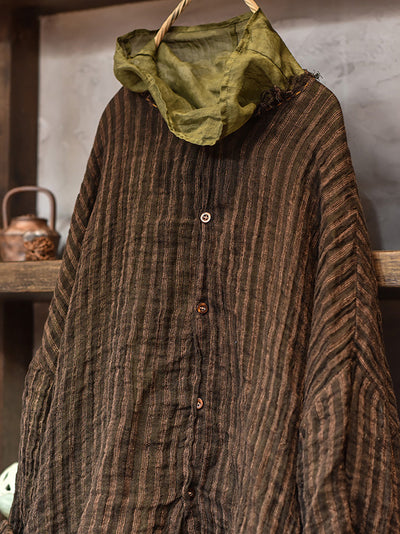 Women's Autumn Vintage Stripe Raw Edge Linen Shirt