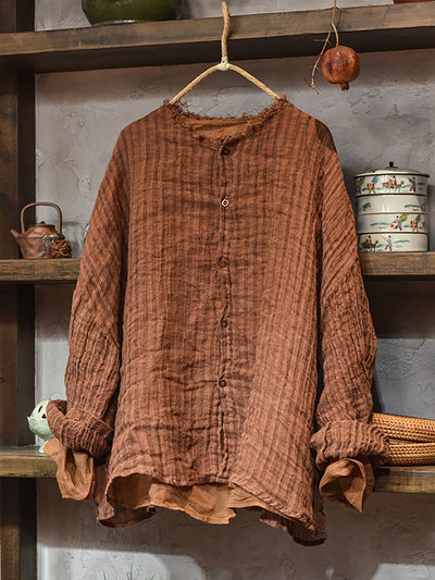 Women's Autumn Vintage Stripe Raw Edge Linen Shirt