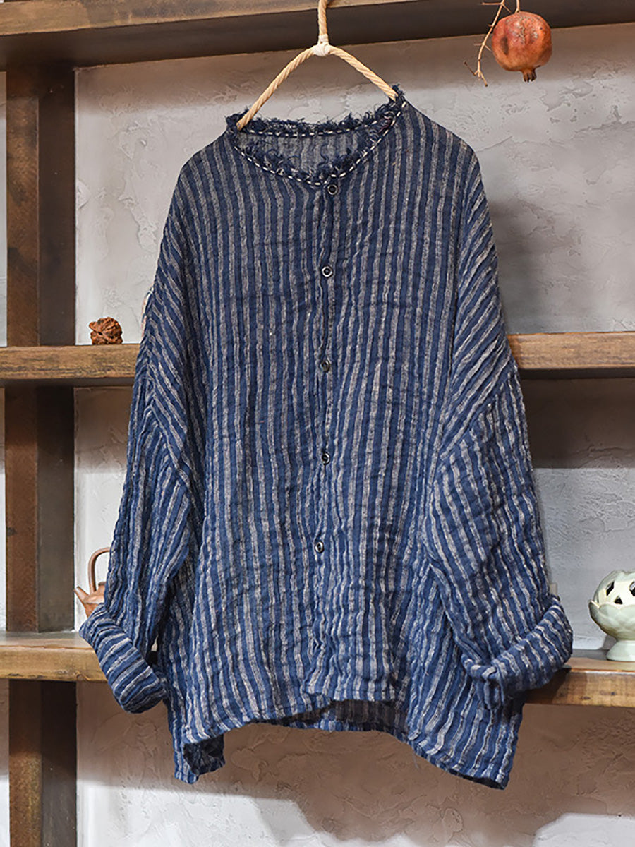 Women's Autumn Vintage Stripe Raw Edge Linen Shirt