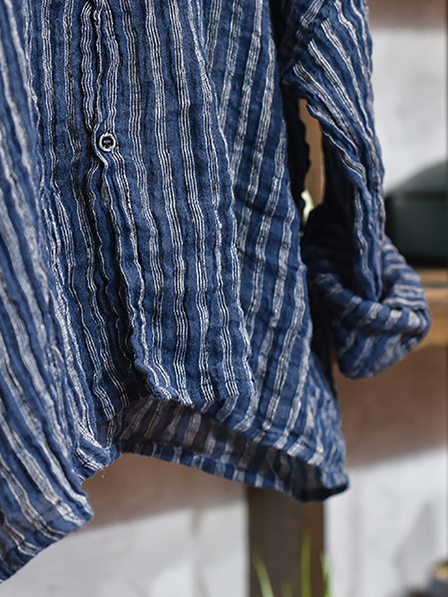 Women's Autumn Vintage Stripe Raw Edge Linen Shirt