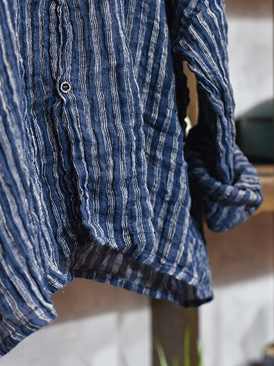 Women's Autumn Vintage Stripe Raw Edge Linen Shirt