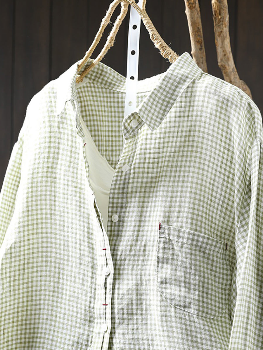 Women’s Artsy Lattice 100% Linen Shirt with Turn-Down Collar