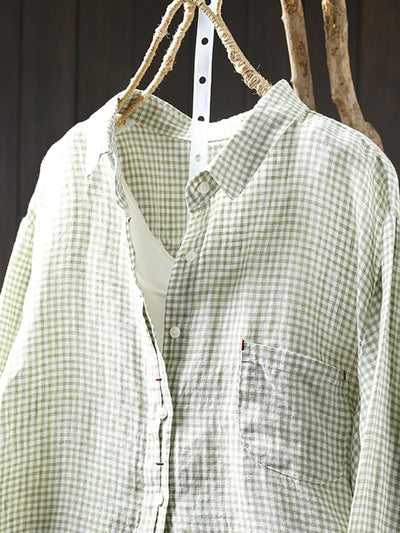 Women’s Artsy Lattice 100% Linen Shirt with Turn-Down Collar