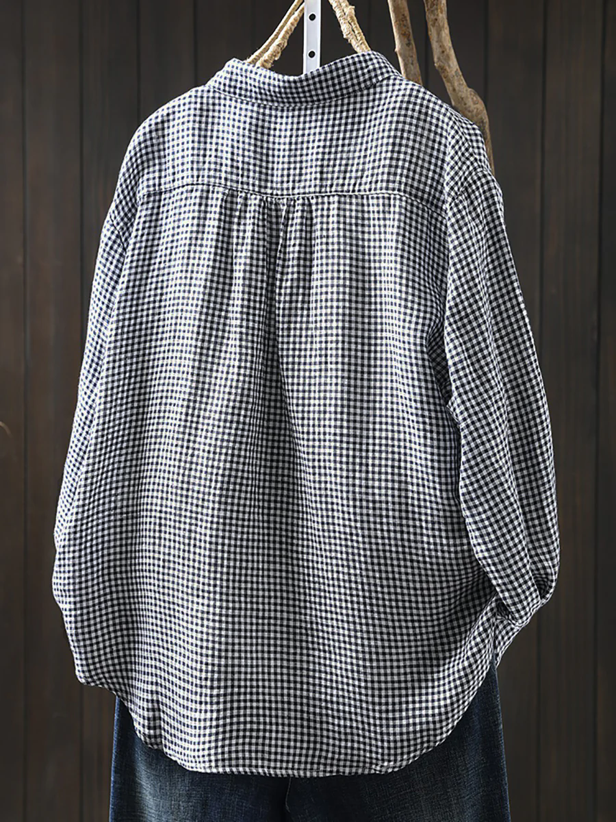 Women’s Artsy Lattice 100% Linen Shirt with Turn-Down Collar