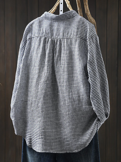 Women’s Artsy Lattice 100% Linen Shirt with Turn-Down Collar