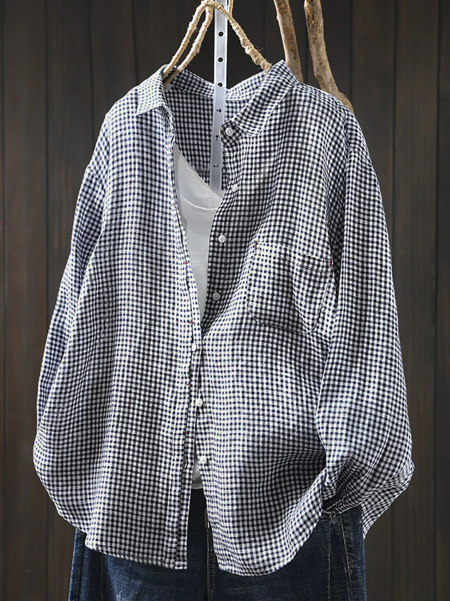 Women’s Artsy Lattice 100% Linen Shirt with Turn-Down Collar