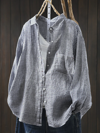 Women’s Artsy Lattice 100% Linen Shirt with Turn-Down Collar