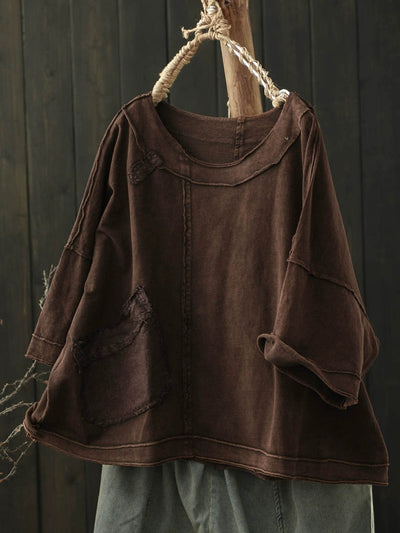 Women's Summer Retro Solid Color Cotton Split O-Neck Shirt