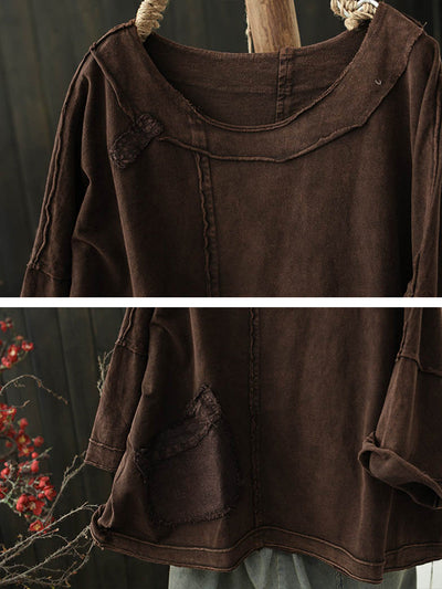 Women's Summer Retro Solid Color Cotton Split O-Neck Shirt