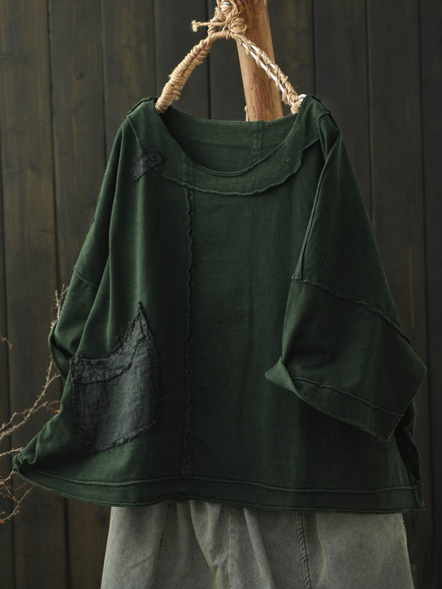 Women's Summer Retro Solid Color Cotton Split O-Neck Shirt