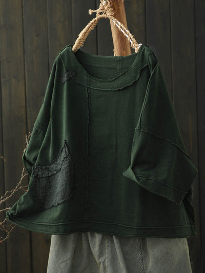 Women's Summer Retro Solid Color Cotton Split O-Neck Shirt