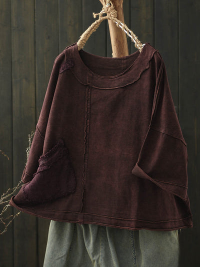 Women's Summer Retro Solid Color Cotton Split O-Neck Shirt