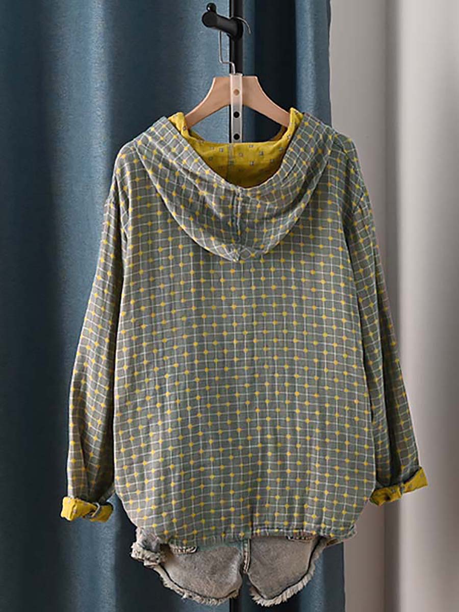 Women's Autumn Vintage Plaid Hooded Shirt Made of 100% Cotton