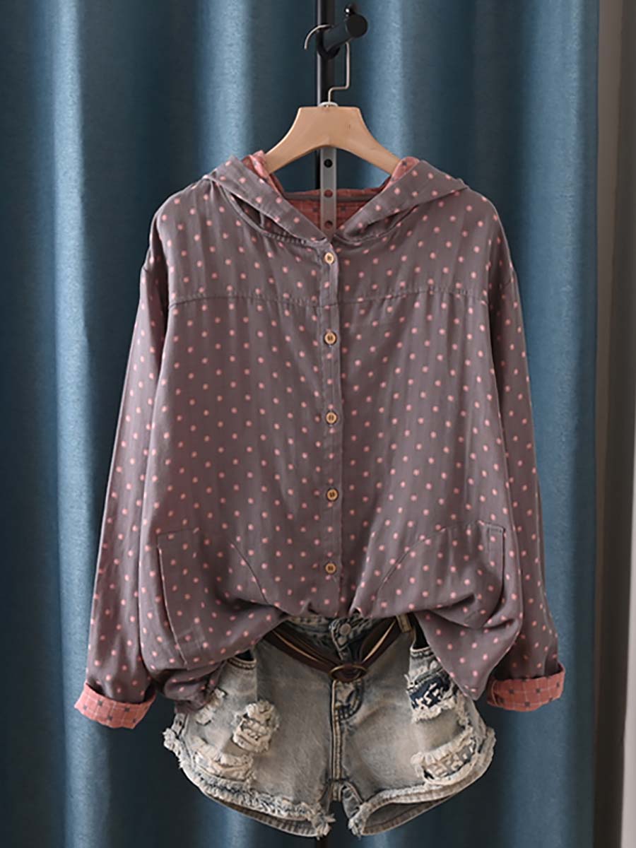 Women's Autumn Vintage Plaid Hooded Shirt Made of 100% Cotton