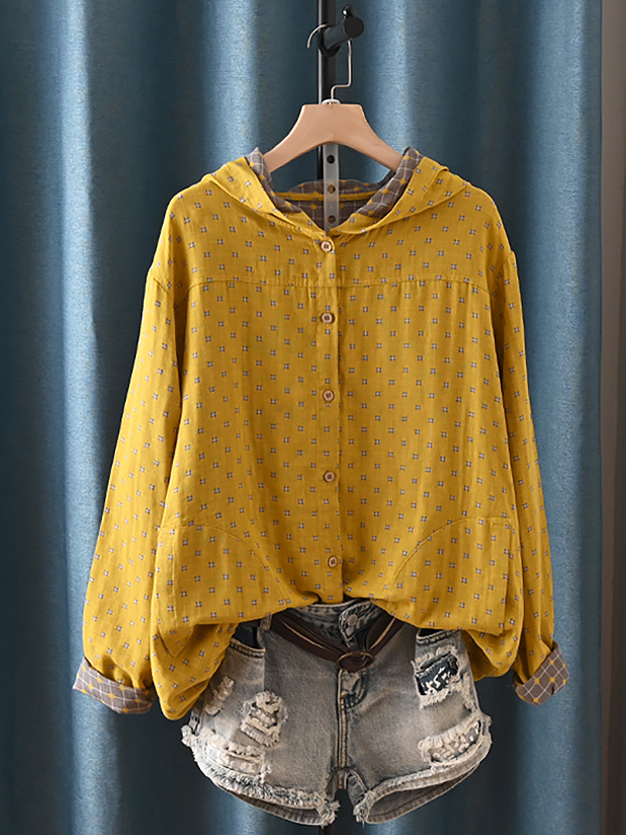 Women's Autumn Vintage Plaid Hooded Shirt Made of 100% Cotton