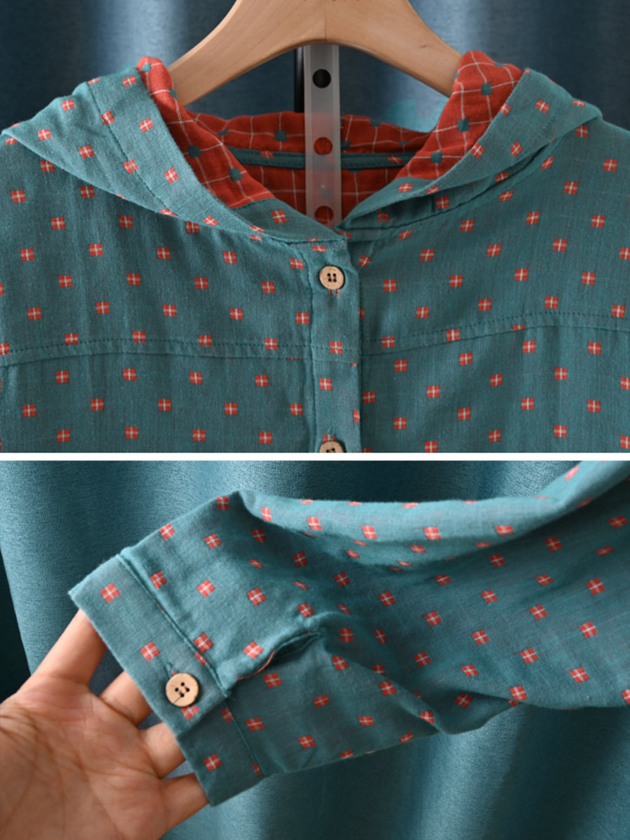 Women's Autumn Vintage Plaid Hooded Shirt Made of 100% Cotton