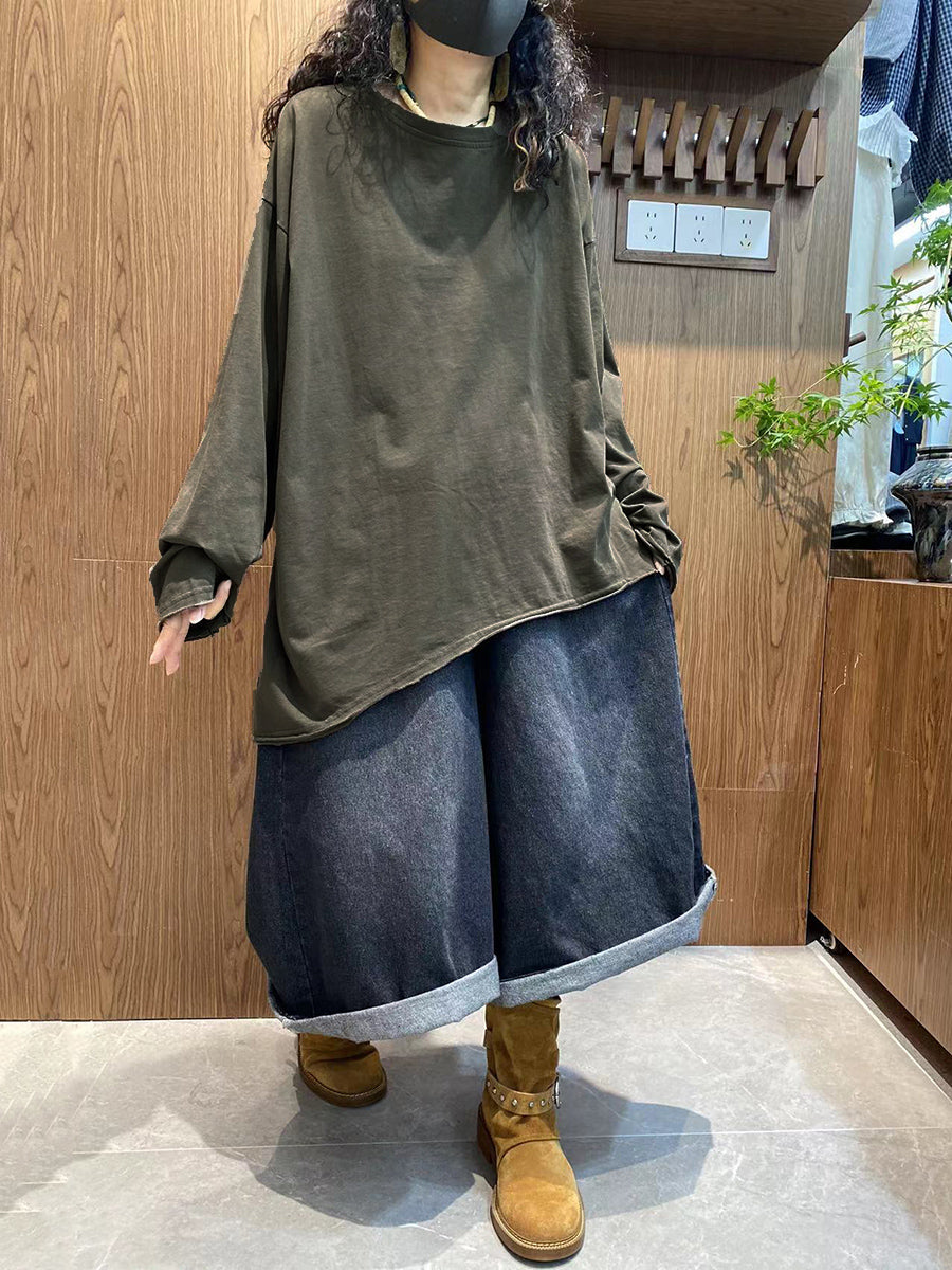 Women's Autumn Casual Solid Color 100% Cotton O-neck Shirt