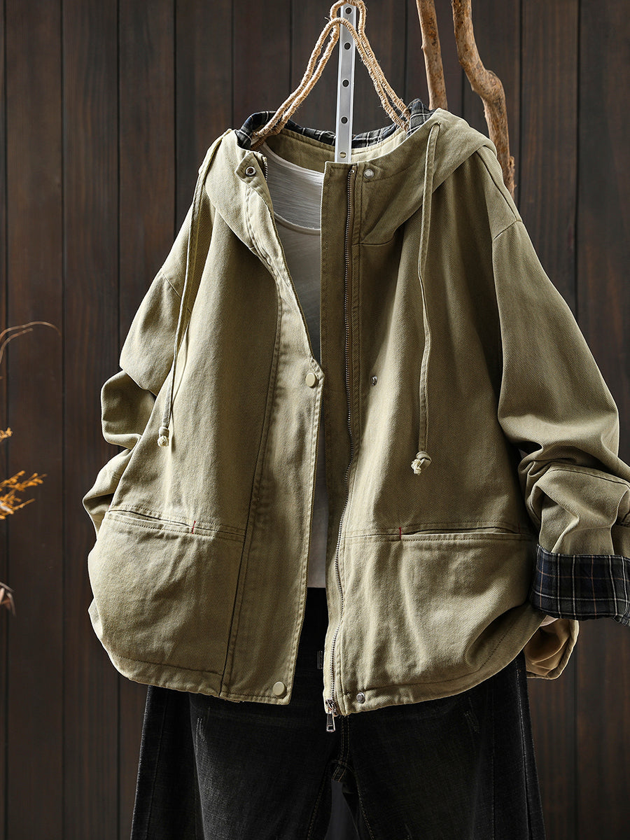 Women's Autumn Plaid Split Cotton Cardigan with Hood