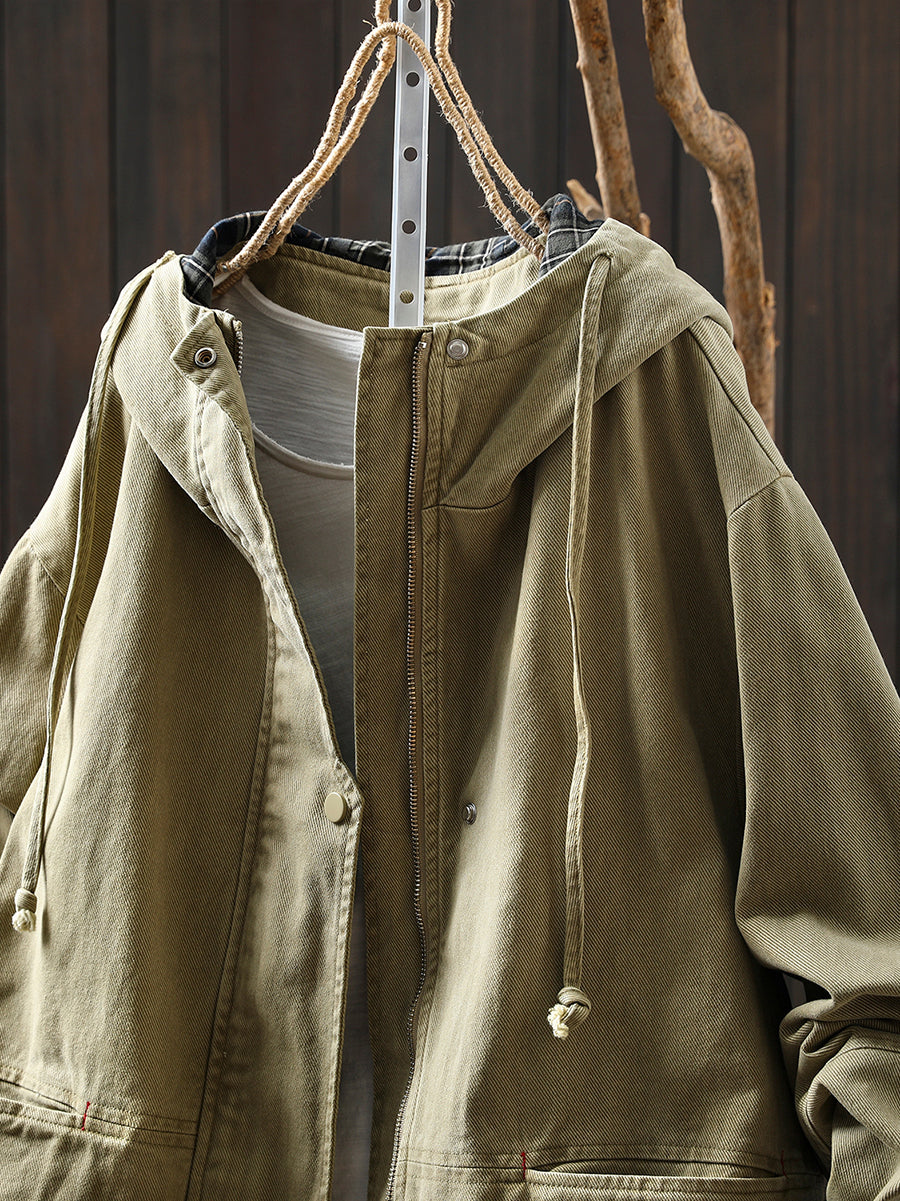 Women's Autumn Plaid Split Cotton Cardigan with Hood