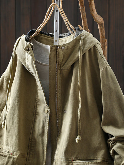 Women's Autumn Plaid Split Cotton Cardigan with Hood