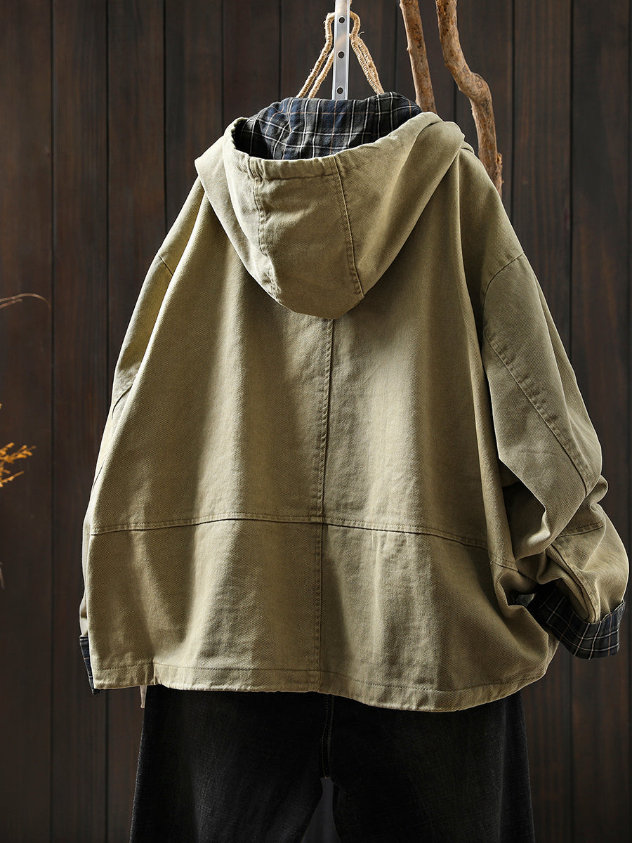 Women's Autumn Plaid Split Cotton Cardigan with Hood